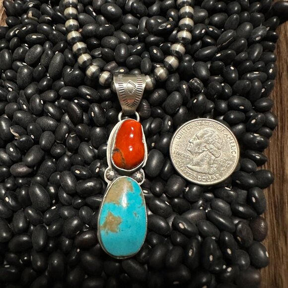 Authentic Navajo Sterling Silver Mediterranean Coral and Turquoise Pendant - Picture 1 of 3